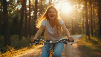 Obraz premium Joyful Woman Biking Through Forest During Sunset, Embracing Nature and Summer Vacation Vibes