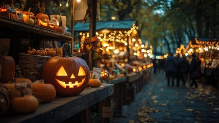 Obraz premium A spooky Halloween market with stalls selling eerie decorations and treats