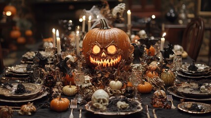 A spooky Halloween feast with eerie decorations and ghostly figures