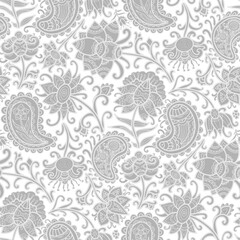 Boho style grey floral ornament, white background. Seamless floral pattern-396.
