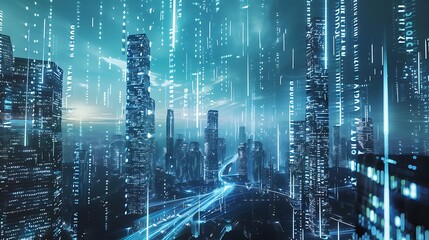 Futuristic cityscape illuminated by neon lights, with data streams flowing through the buildings, representing the convergence of technology and urban life.