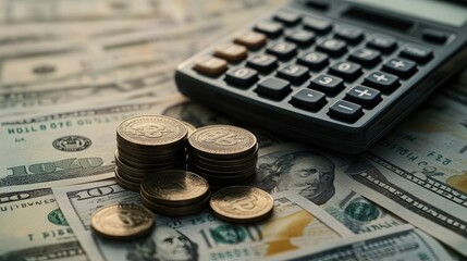 Fototapeta premium Close-Up of Calculator, Dollar Bills, and Coin Stack, Capturing Financial Growth and Economic Analysis