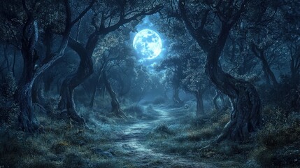 A spooky forest path with twisted trees and a full moon shining through