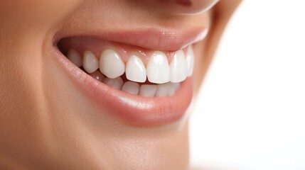 Obraz premium Close-up of a beautiful smile showcasing healthy, white teeth and a joyful expression against a bright background.