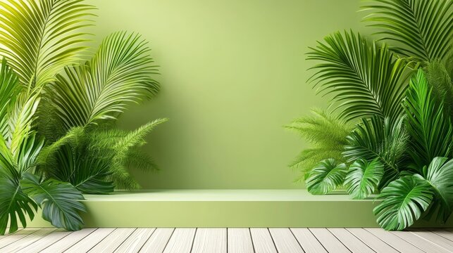 A pastel mint podium is adorned with lush tropical leaves, set against a vibrant yellow background. This minimalistic design creates a striking focal point for product displays