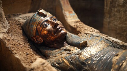 A mummy emerging from a sarcophagus in an ancient tomb