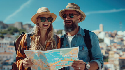 Fototapeta premium Happy Couple of Tourists Exploring City with Map and Laughing on a Sunny Day