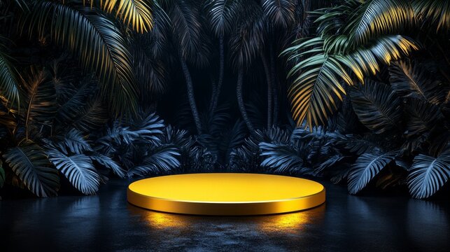 A sleek yellow podium is positioned among lush tropical leaves against a dark backdrop, creating an ideal setup for a product presentation with ample copy space