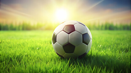 Fototapeta premium Soccer ball on a lush green grassy field , sport, soccer, football, outdoor, recreation, game, athletic, competition, equipment, round