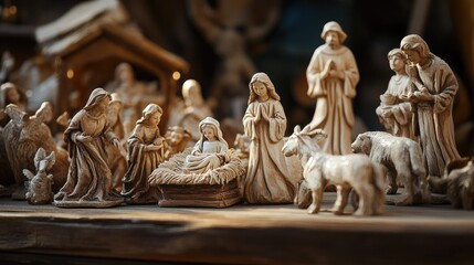 A beautifully detailed Nativity scene made of clay, displayed on a wooden surface with soft lighting. Focus on the figures. No people.