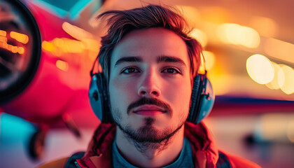 Young Caucasian man wearing headphones looks confidently at the camera against a vibrant background with blurred lights and a red airplane.