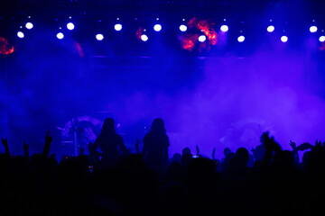 Crowd at concert and colorful stage lights.