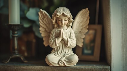 A ceramic angel statue kneeling in prayer, placed on a wooden shelf with soft natural lighting. Focus on the angelas expression. No people.