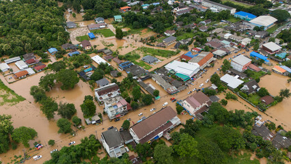 Aerial view of Chiang Rai downtown flooding by Kok river after typhoon Yagi has swept Southeast Asia.