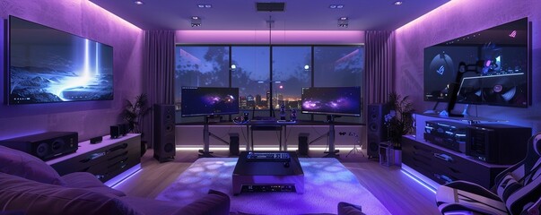 A gaming room designed for two, with matching setups, dual monitors, synchronized RGB lighting, and a central console station, all in a space that balances symmetry and function.