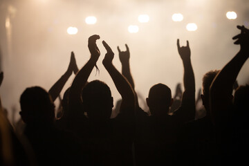 Crowd at concert and colorful stage lights.