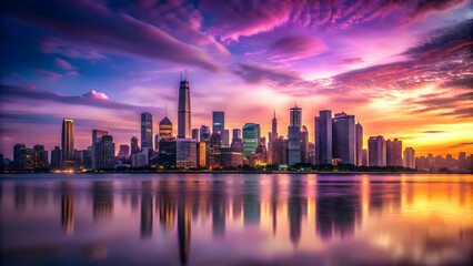 Fototapeta premium City skyline at sunset with a purple sky , urban, buildings, architecture, skyline, cityscape, sunset, dusk