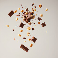 Chocolate and Nuts Explosion with Flying Pieces on a White Background