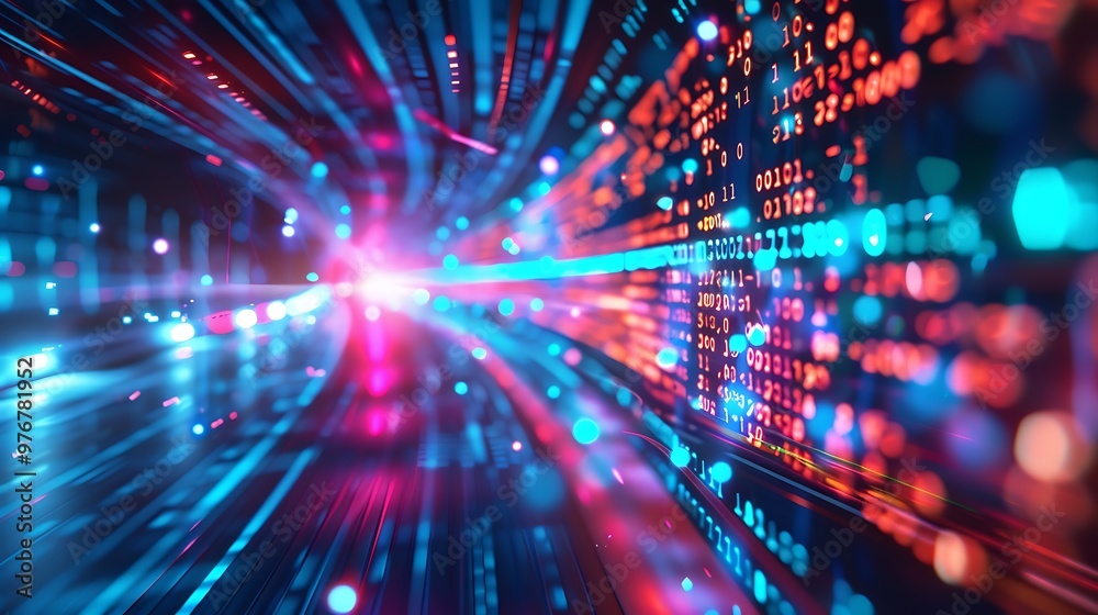 Poster digital abstract of data flowing with code in the background.