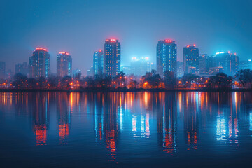 Obraz premium At night, the city's high-rise buildings by the lake