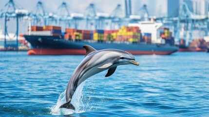 A dolphin leaps out of the water near container ships on a busy sea route under a clear sunny sky, showcasing the vibrant life of marine ecosystems