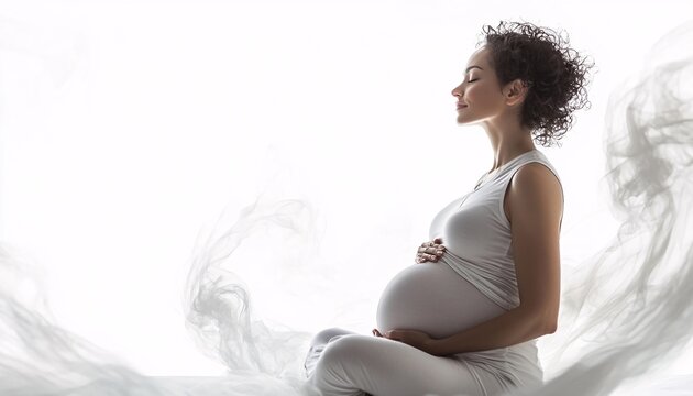 Vibrant and joyful pregnant woman practicing meditation while relaxing. A perfect workout routine designed for expectant mothers to promote well-being and mindfulness.