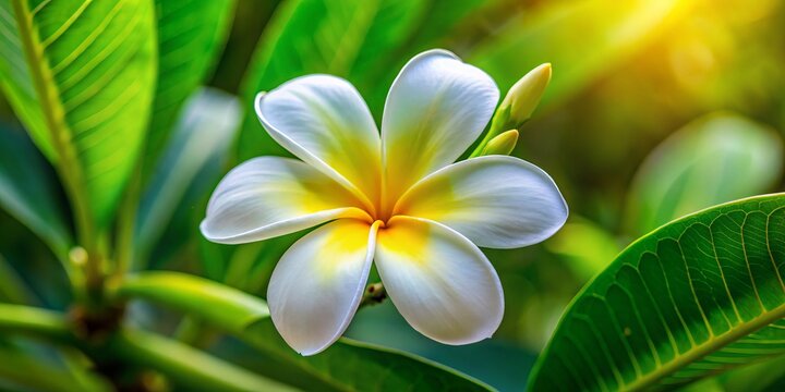 A delicate tropical tiare flower with white petals and yellow stamens blooms against a lush green foliage, exuding