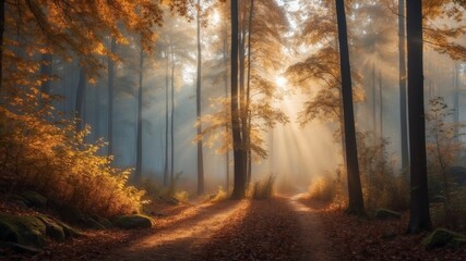 Obraz premium Autumn forest panorama with fog and sunbeams in the morning.