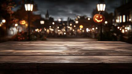Obraz premium Empty Wooden Table with Blurred Halloween Background and Glowing Pumpkin Face