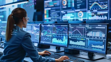 A professional woman in a tailored blue suit analyzes multiple computer monitors filled with colorful graphs and data visualizations in a high-tech environment, ideal for finance and IT marketing.