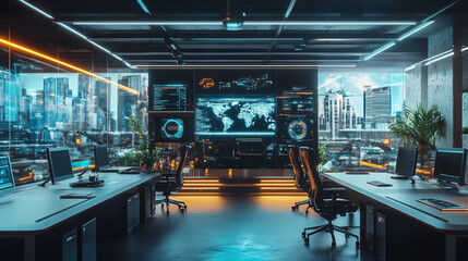 A tech-focused office with multiple screens, high-tech gadgets, and modern furniture.