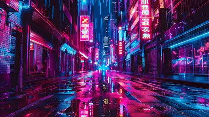 Digital illustration of a futuristic cityscape at night with neon signs and glowing lights. The wet street reflects the colorful lights.
