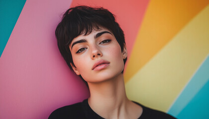 Young woman with short, dark hair posing against a vibrant, colorful background, exuding confidence and style.