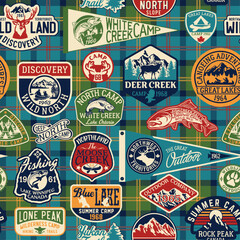Vintage outdoor adventure label patches with tartan plaid patchwork background abstract vector seamless pattern for shirt fabric wrapping carpet rug pillow tablecloth