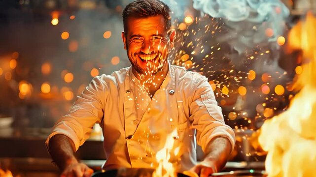A lively scene of a male chef joyfully tossing ingredients in a frying pan amidst dynamic flames. His traditional white coat and a bustling kitchen backdrop highlight culinary passion.
