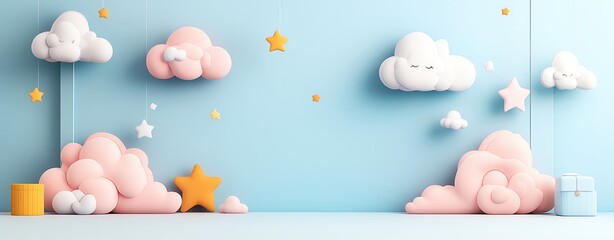 Soft pastel sky with cute cartoon clouds, stars, and a large copy area, ideal for sweet messages