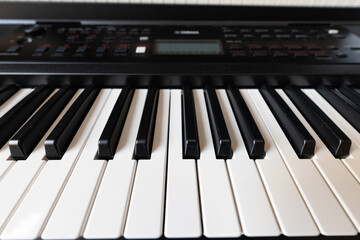 Closeup of black and white piano keyboard