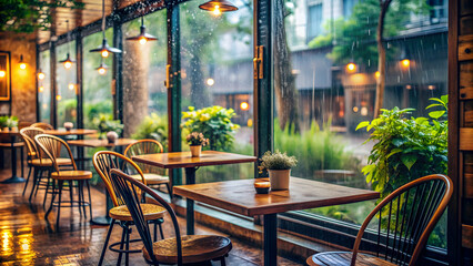 Rainy day at a cozy cafe, rainy, weather, cafe, interior, drinks, cozy, atmosphere, relaxing, people, windows, wet, tables, chairs