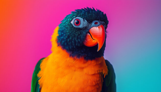 A vibrant, colorful parrot with striking orange, green, and blue feathers poses against a gradient background of pink, orange, and blue hues.