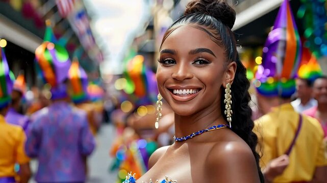 Vivid image of a young woman in a Mardi Gras carnival costume and mask dancing on the city streets.