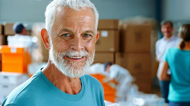 Dedicated mature man volunteers at community center, organizing donated supplies for those in need.