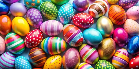 Fototapeta premium A kaleidoscope of large Easter eggs bursts with radiant colors, featuring soft pastels and gentle hues in a