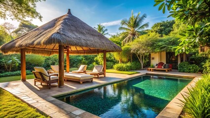 Amid lush greenery, a serene oasis awaits, where a thatched roof sheltered seating area offers respite from the