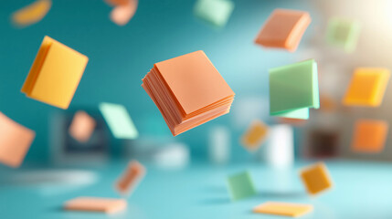 sticky post-it notes floating in the air with a blurred office space background