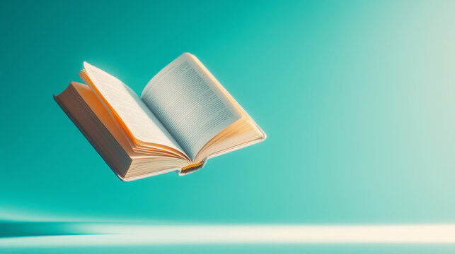  A book floating in the air, on an isolated turquoise background, with space for text