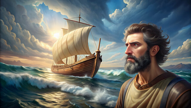 Photorealistic portrait of Odysseus on a ship sailing to Ithaca, Odysseus, Ancient Greek hero, ship, sailing, voyage, sea