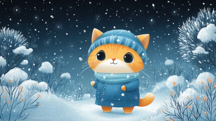 Fototapeta premium A cute cat in a cozy blue winter outfit stands joyfully in a snowy forest under a twinkling starry sky during a serene winter night drawing