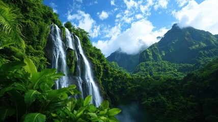 Fototapeta premium Epic view of a waterfall with multiple cascades, framed by towering cliffs and dense vegetation, with mist rising into the air