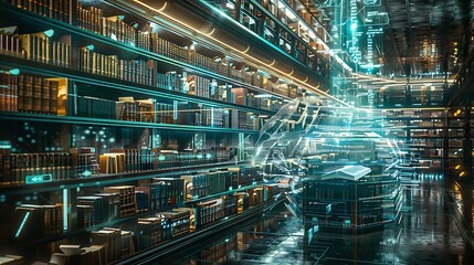 Futuristic library with a holographic hand reaching for a book on a table. This image represents the idea of knowledge and information in the digital age.