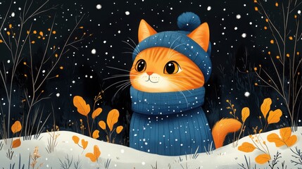 Fototapeta premium A charming cat, dressed in a blue winter outfit, enjoys the peaceful snowy forest surrounded by gentle falling snowflakes beneath a sparkling starry sky.